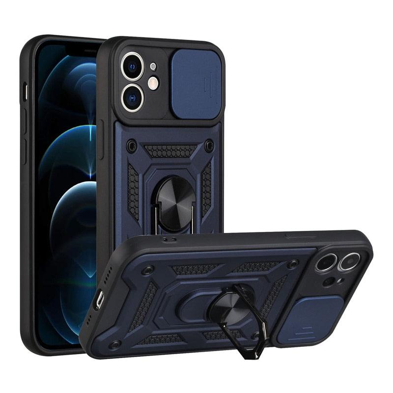 Camera Protection Shockproof Armor Case For iPhone 12 13 14 Pro Max Cover Men Cool  Woman Camera Cover And Stand Sliding Lens Protection Rotating Ring Mount  Shock Resistant Shockproof Protective Bumper Stevvex