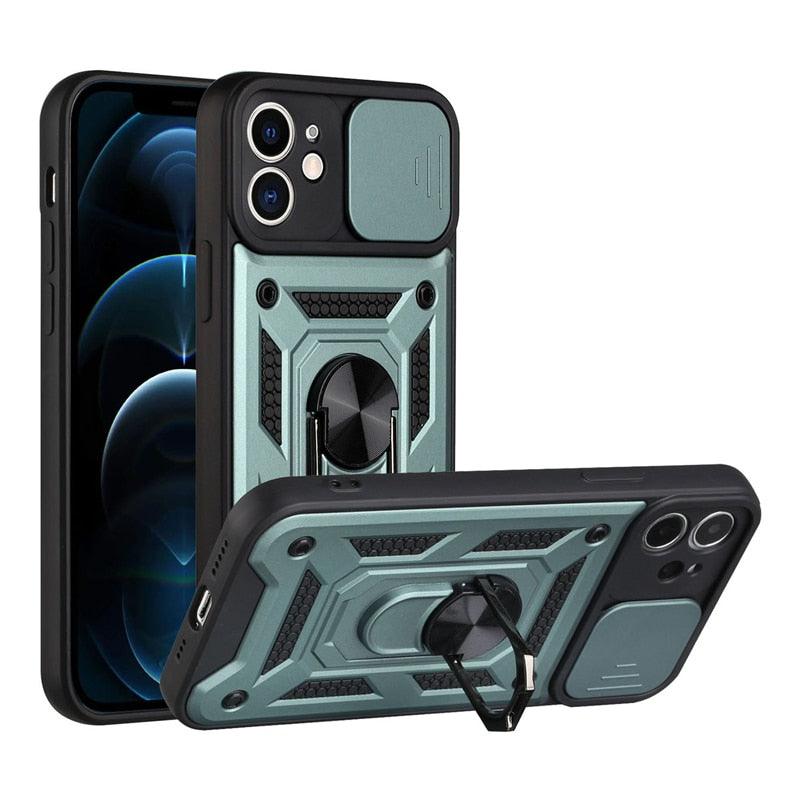 Camera Protection Shockproof Armor Case For iPhone 12 13 14 Pro Max Cover Men Cool  Woman Camera Cover And Stand Sliding Lens Protection Rotating Ring Mount  Shock Resistant Shockproof Protective Bumper Stevvex