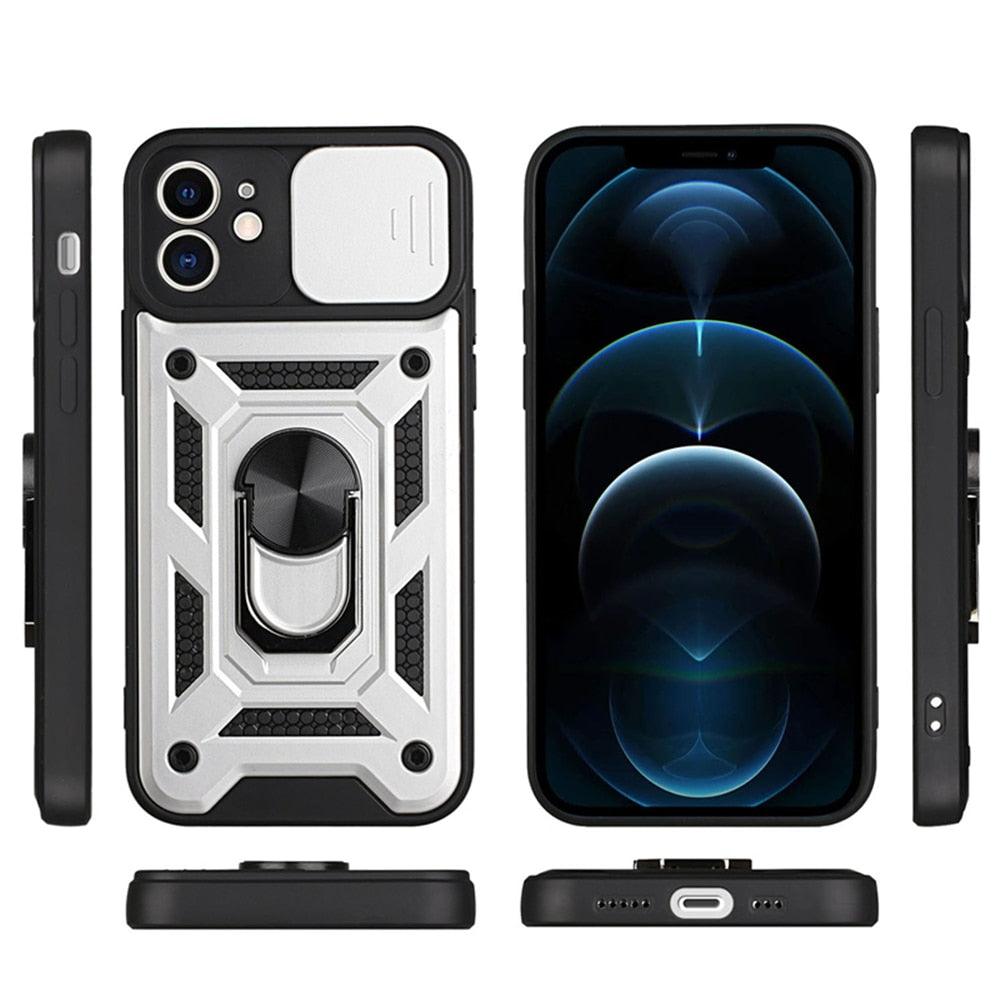 Camera Protection Shockproof Armor Case For iPhone 12 13 14 Pro Max Cover Men Cool  Woman Camera Cover And Stand Sliding Lens Protection Rotating Ring Mount  Shock Resistant Shockproof Protective Bumper Stevvex