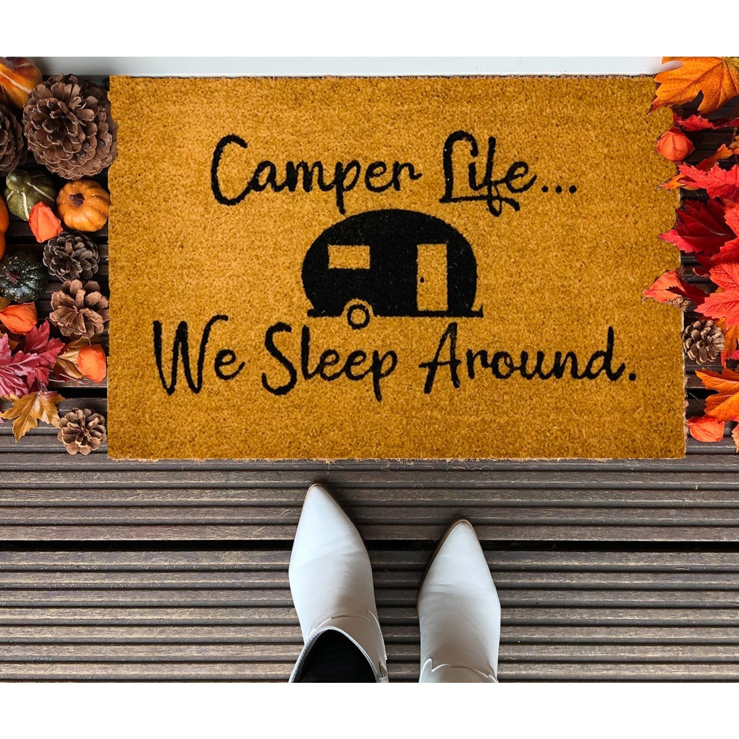 Camper Life Funny Doormat We Sleep Around Outdoor Welcome Mat For RV Tent Cabin Porch BandsCo Straps