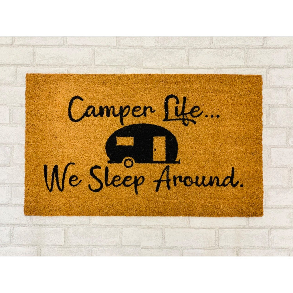 Camper Life Funny Doormat We Sleep Around Outdoor Welcome Mat For RV Tent Cabin Porch BandsCo Straps