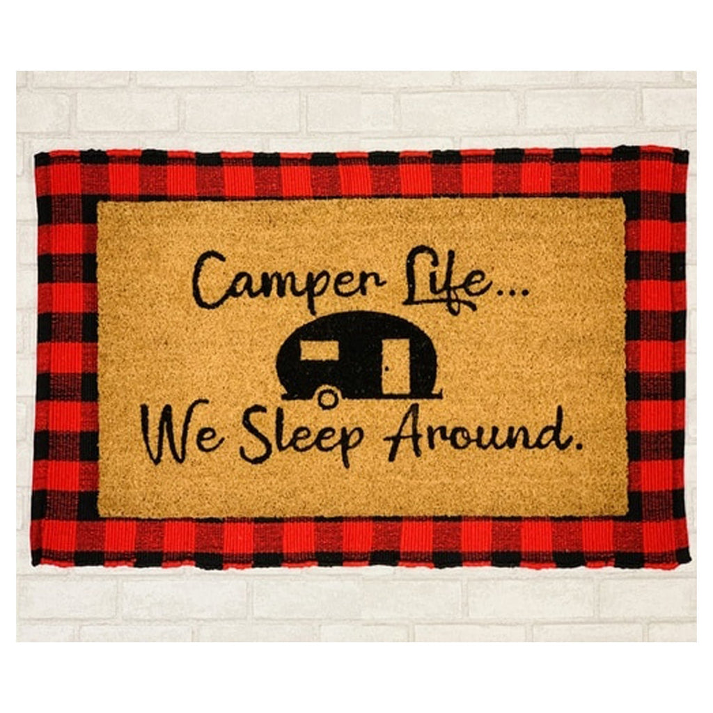 Camper Life Funny Doormat We Sleep Around Outdoor Welcome Mat For RV Tent Cabin Porch BandsCo Straps