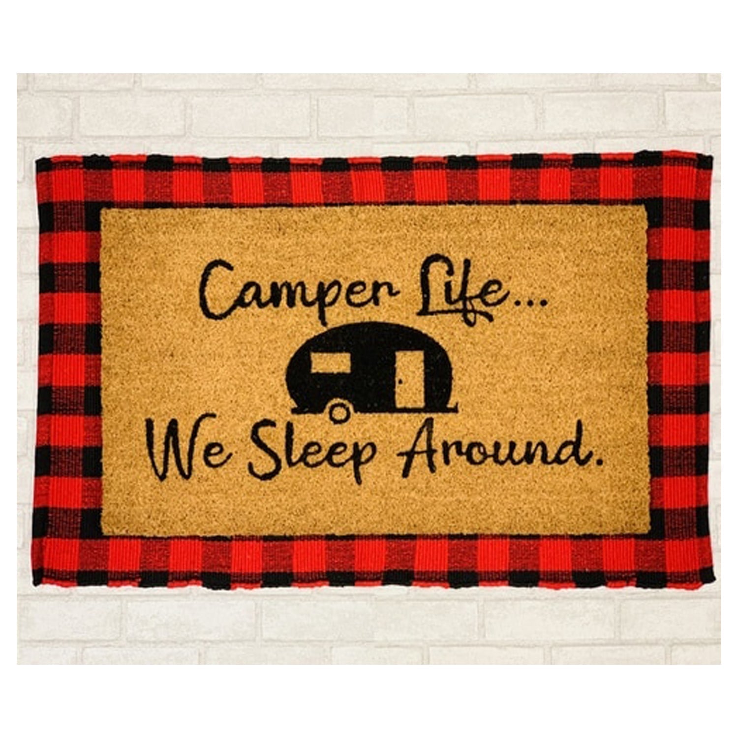 Camper Life Funny Doormat We Sleep Around Outdoor Welcome Mat For RV Tent Cabin Porch BandsCo Straps