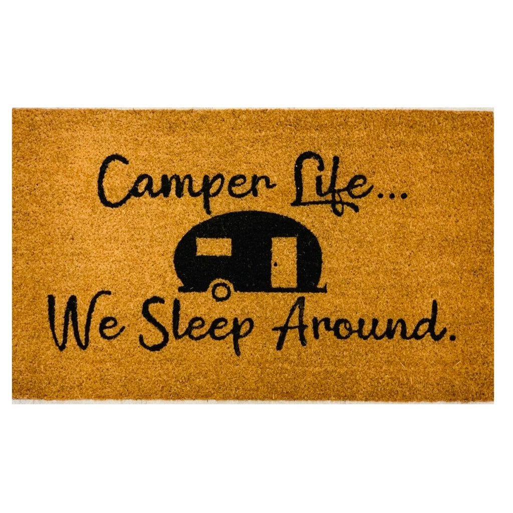 Camper Life Funny Doormat We Sleep Around Outdoor Welcome Mat For RV Tent Cabin Porch BandsCo Straps