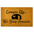 Camper Life Funny Doormat We Sleep Around Outdoor Welcome Mat For RV Tent Cabin Porch BandsCo Straps