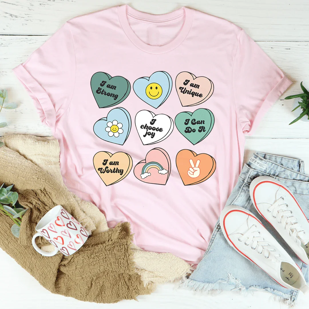 Candy Hearts Positivity Affirmations Tee Peachy Sunday