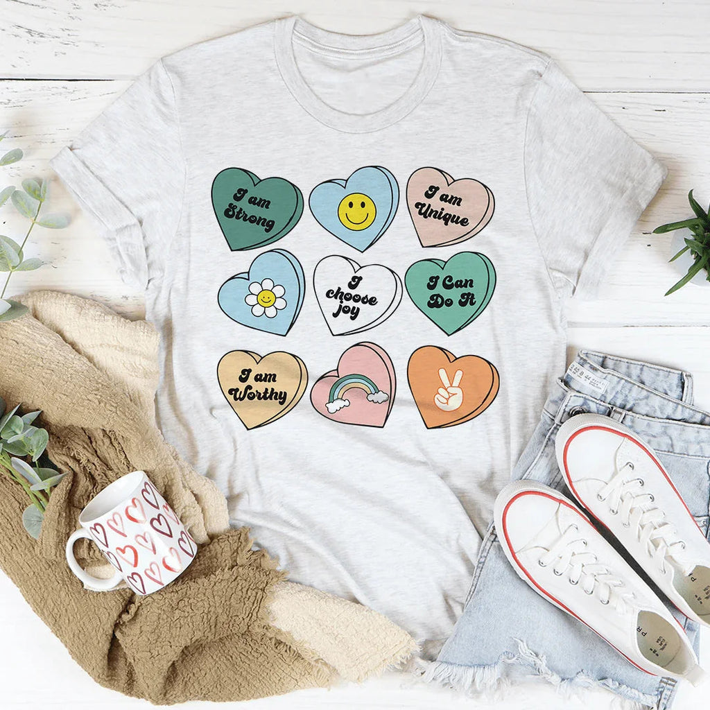 Candy Hearts Positivity Affirmations Tee Peachy Sunday