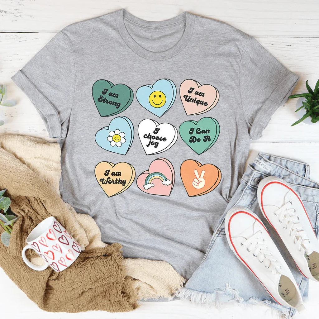 Candy Hearts Positivity Affirmations Tee Peachy Sunday