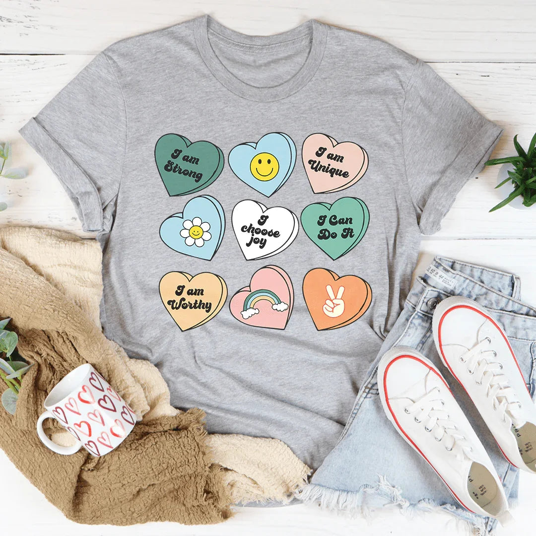 Candy Hearts Positivity Affirmations Tee Peachy Sunday