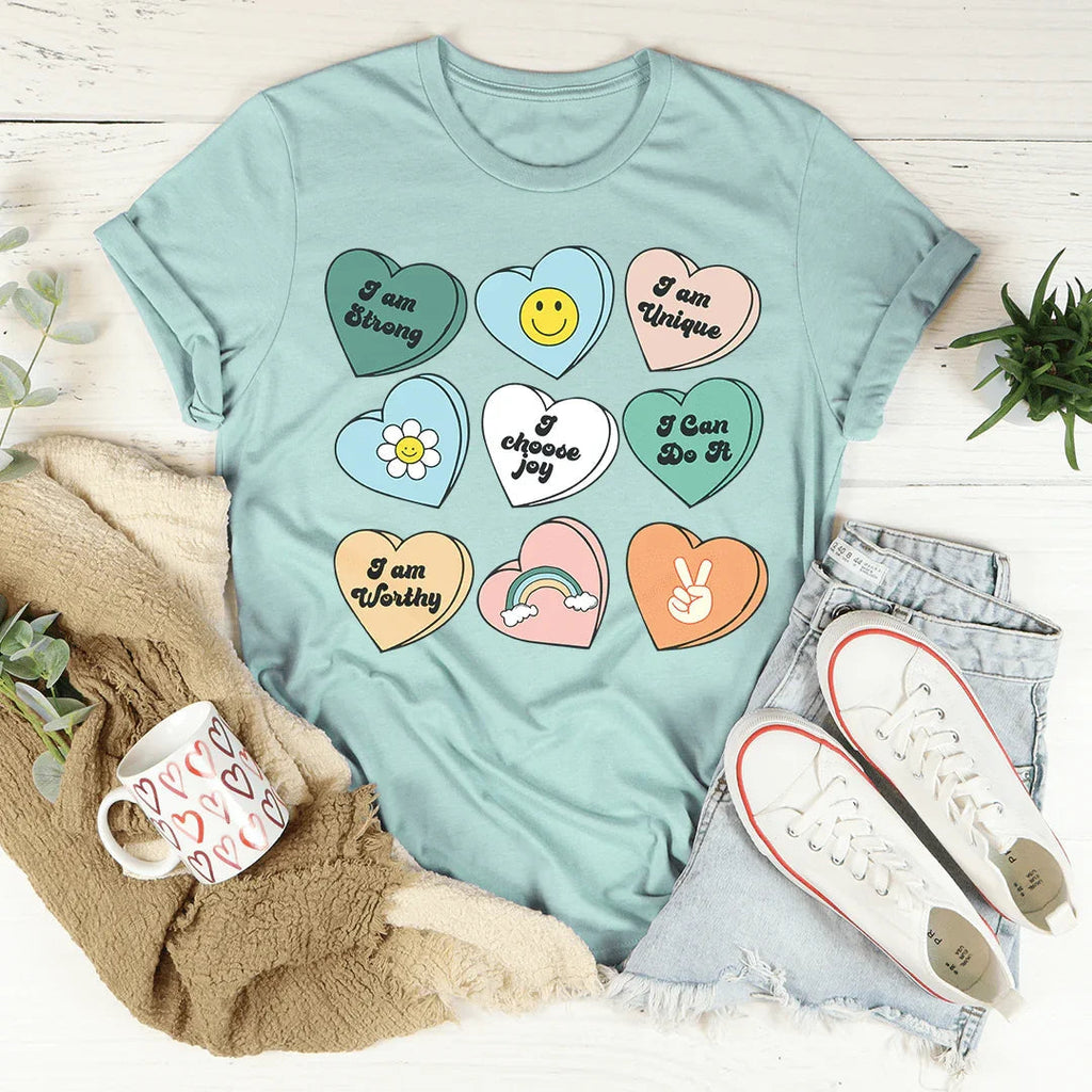 Candy Hearts Positivity Affirmations Tee Peachy Sunday