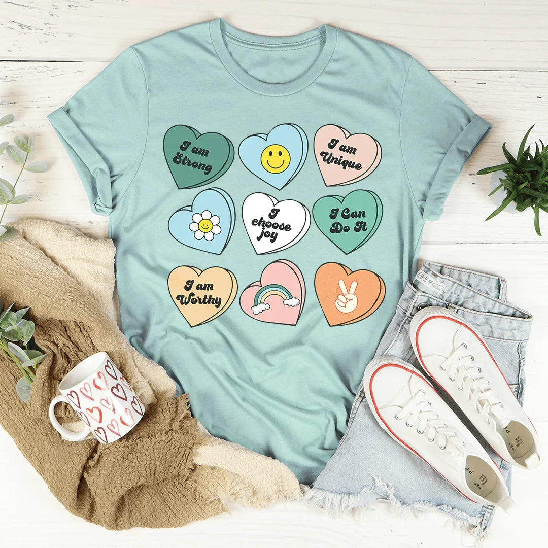 Candy Hearts Positivity Affirmations Tee Peachy Sunday