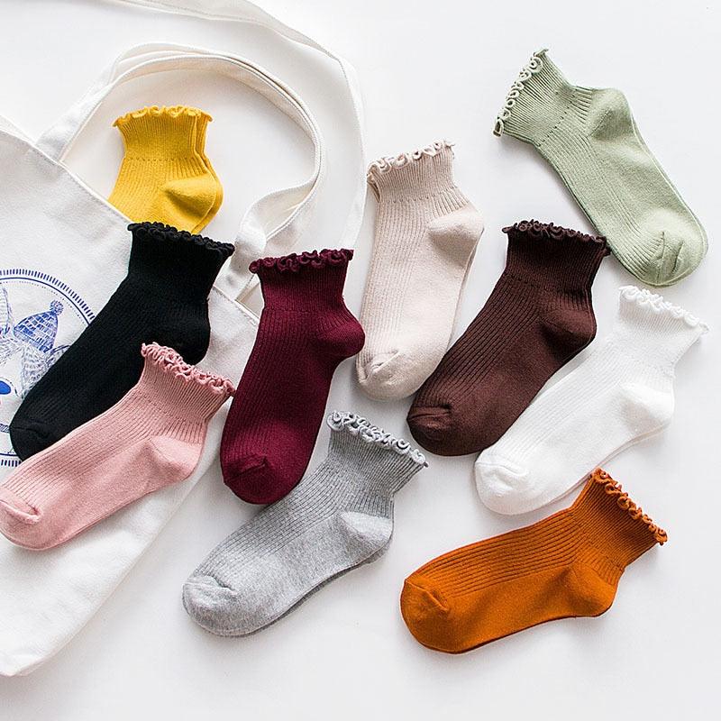Candy High Quality Lace Solid Color Cute Sweet Girl Fashion Socks Pure Cotton Wood Ear Light Mouth Cotton Novelty Socks Unisex Crew Socks For Men And Women Stevvex