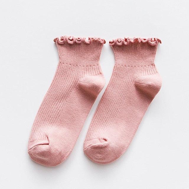 Candy High Quality Lace Solid Color Cute Sweet Girl Fashion Socks Pure Cotton Wood Ear Light Mouth Cotton Novelty Socks Unisex Crew Socks For Men And Women Stevvex