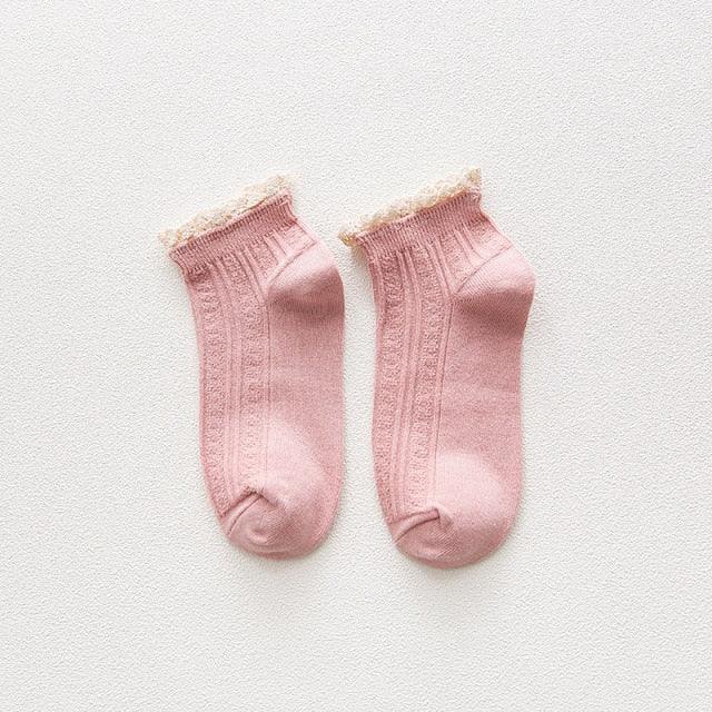 Candy High Quality Lace Solid Color Cute Sweet Girl Fashion Socks Pure Cotton Wood Ear Light Mouth Cotton Novelty Socks Unisex Crew Socks For Men And Women Stevvex