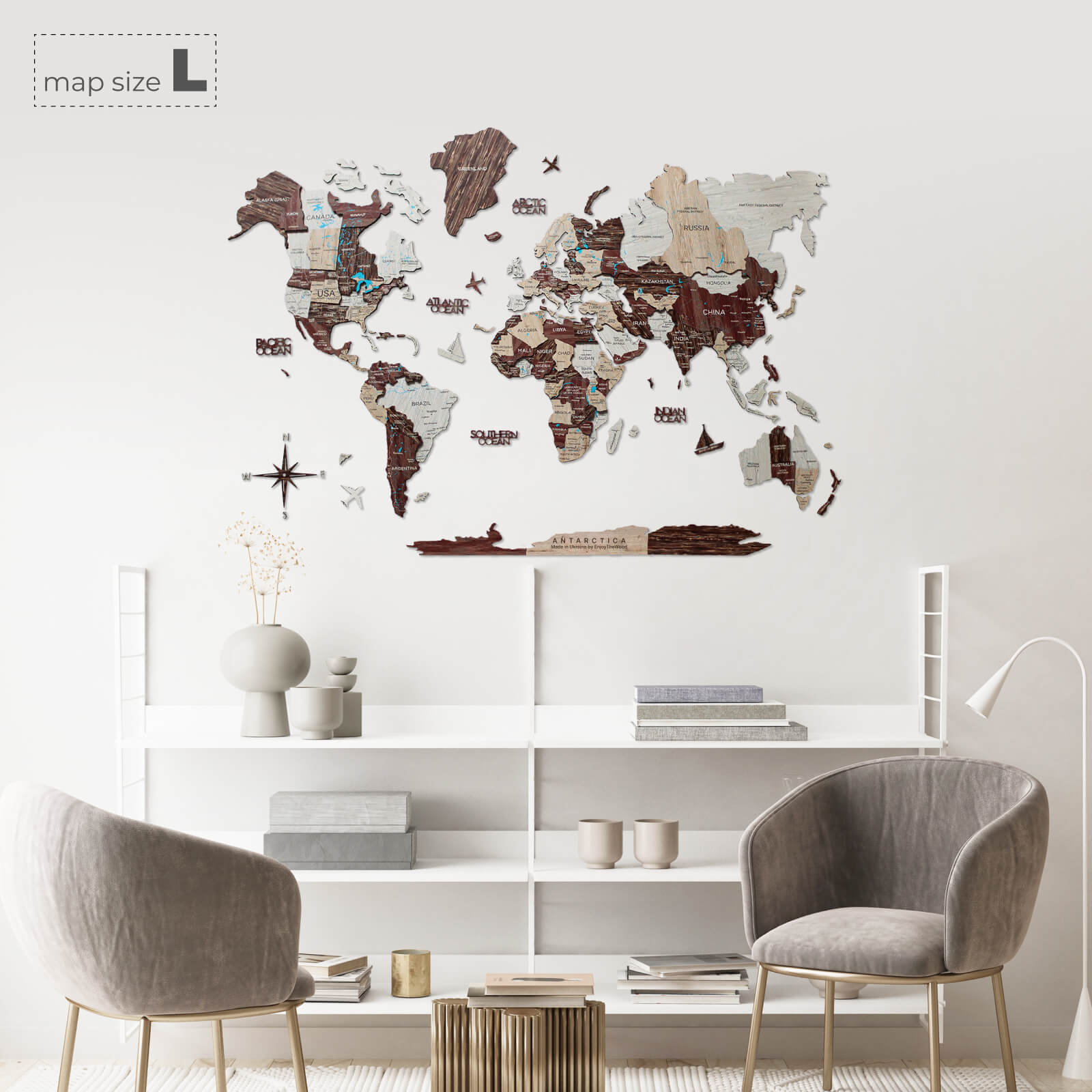 3D Wooden World Map Cappuccino (for US only) - SJB-DIAMOND ELITES