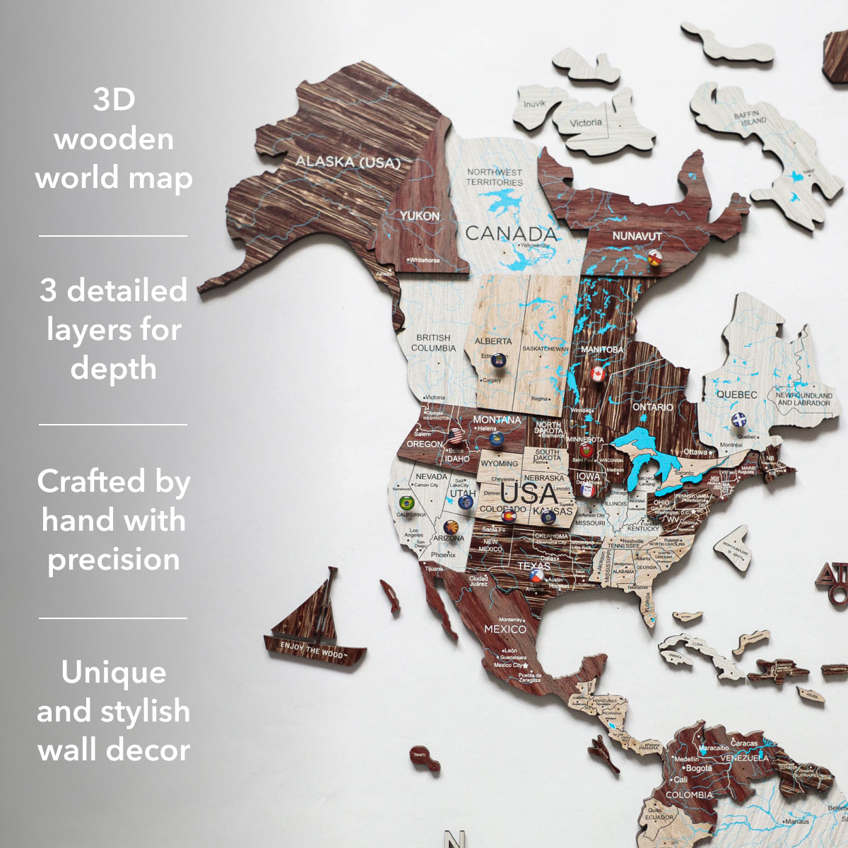 3D Wooden World Map Cappuccino Enjoy The Wood