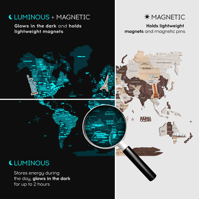 3D Luminous/Magnetic Colored Wooden World Map Cappuccino Enjoy The Wood