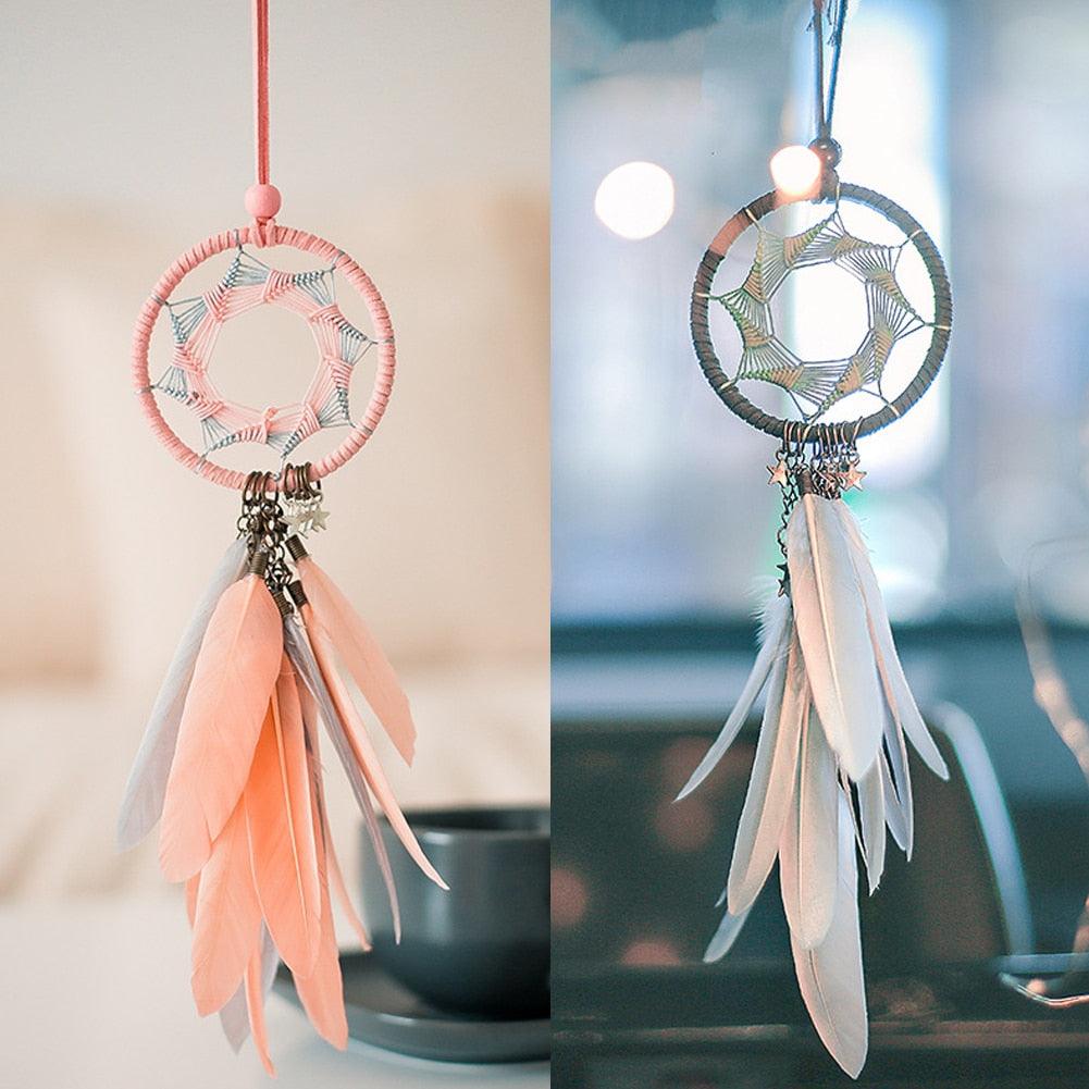 Car Interior Rear-view Mirror Hanging Decor  Small Dream Catcher Boho Nature Feather Home Decor Handmade Grids Nature Feather Car Charms Pendant Accessories Gift Stevvex