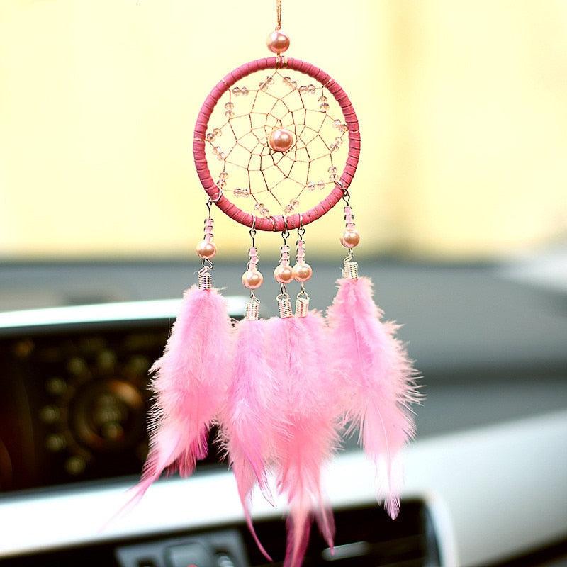 Car Interior Rear-view Mirror Hanging Decor  Small Dream Catcher Boho Nature Feather Home Decor Handmade Grids Nature Feather Car Charms Pendant Accessories Gift Stevvex