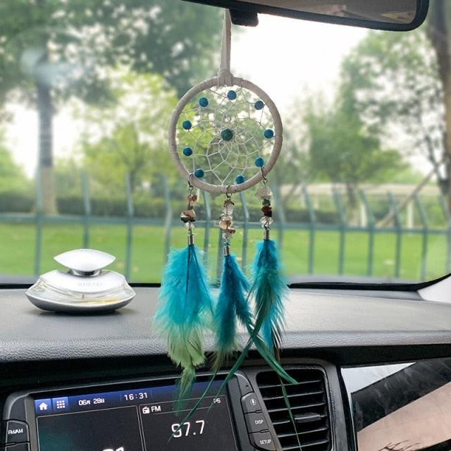 Car Interior Rear-view Mirror Hanging Decor  Small Dream Catcher Boho Nature Feather Home Decor Handmade Grids Nature Feather Car Charms Pendant Accessories Gift Stevvex
