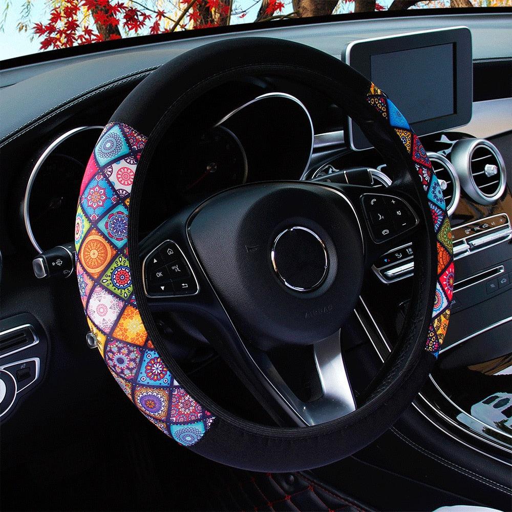 Car Steering Wheel Cover Steering Wheel Cover Cloth Massage Grip Breathable Elastic Car Steering Wheel Cover Ethnic Style Print Anti-slip Car Styling Car Steering-wheel Cover Car Interior Accessories Steering Wheel Covers with Cloth for Women Stevvex