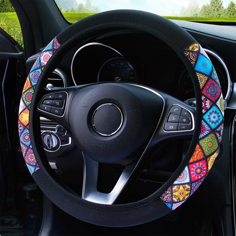 Car Steering Wheel Cover Steering Wheel Cover Cloth Massage Grip Breathable Elastic Car Steering Wheel Cover Ethnic Style Print Anti-slip Car Styling Car Steering-wheel Cover Car Interior Accessories Steering Wheel Covers with Cloth for Women Stevvex