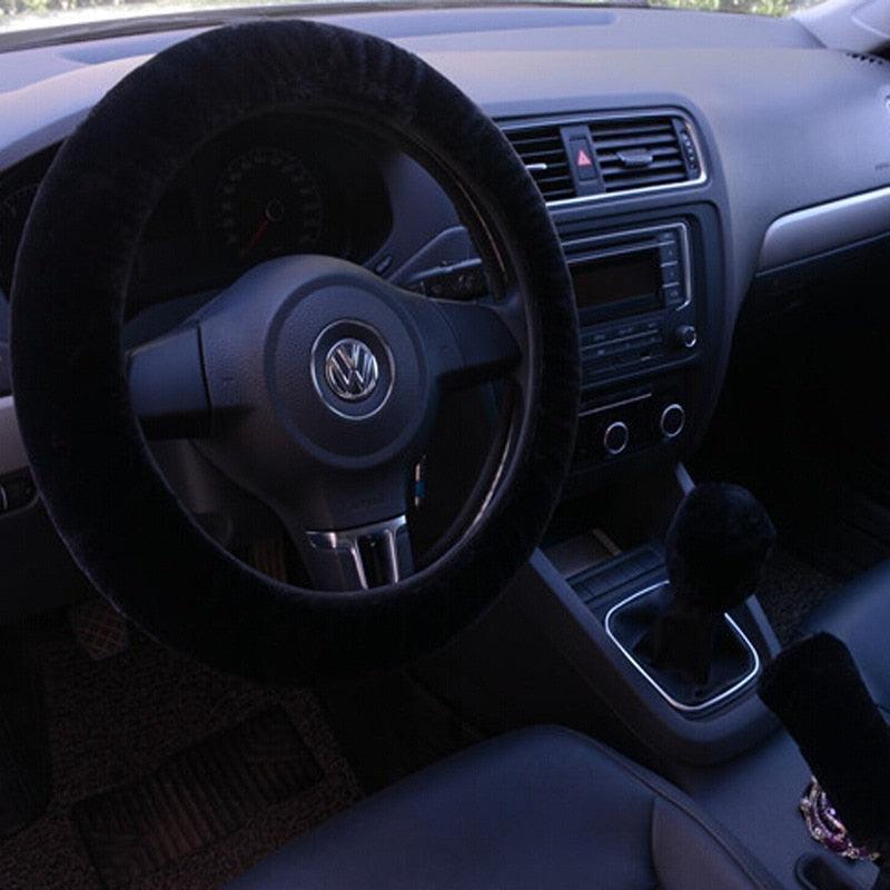 Car Steering Wheel Elastic Long Microfiber Plush Steering Wheel Cover Gearshift Handbrake Cover Protector Decoration Warm Super Thick Plush Collar Soft Car Steering Wheel Cover Decoration Warm Super Thick Plush Collar Soft Black Pink Women Man Stevvex