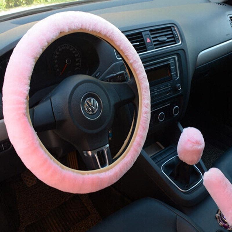 Car Steering Wheel Elastic Long Microfiber Plush Steering Wheel Cover Gearshift Handbrake Cover Protector Decoration Warm Super Thick Plush Collar Soft Car Steering Wheel Cover Decoration Warm Super Thick Plush Collar Soft Black Pink Women Man Stevvex
