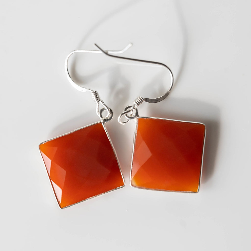 Carnelian Square Drop Earrings Sterling Silver Hooks