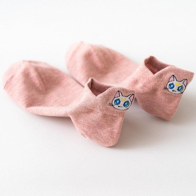 Cartoon Anime Embroidered Boat Socks Ins Trend Moon Cute Sweet Cat Socks Slippers Happy Funny Cotton Girl Socks Cute Short Boat Socks For Men And Women Stevvex