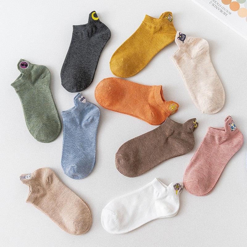 Cartoon Anime Embroidered Boat Socks Ins Trend Moon Cute Sweet Cat Socks Slippers Happy Funny Cotton Girl Socks Cute Short Boat Socks For Men And Women Stevvex