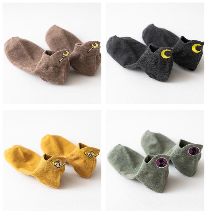 Cartoon Anime Embroidered Boat Socks Ins Trend Moon Cute Sweet Cat Socks Slippers Happy Funny Cotton Girl Socks Cute Short Boat Socks For Men And Women Stevvex