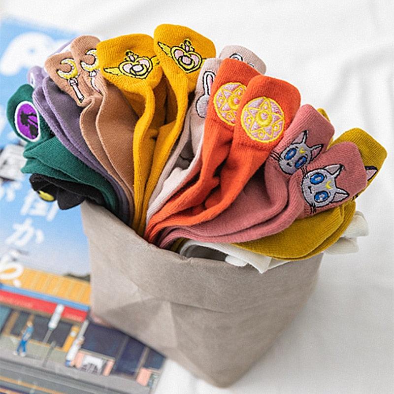 Cartoon Anime Embroidered Boat Socks Ins Trend Moon Cute Sweet Cat Socks Slippers Happy Funny Cotton Girl Socks Cute Short Boat Socks For Men And Women Stevvex