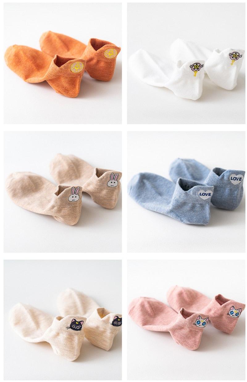 Cartoon Anime Embroidered Boat Socks Ins Trend Moon Cute Sweet Cat Socks Slippers Happy Funny Cotton Girl Socks Cute Short Boat Socks For Men And Women Stevvex