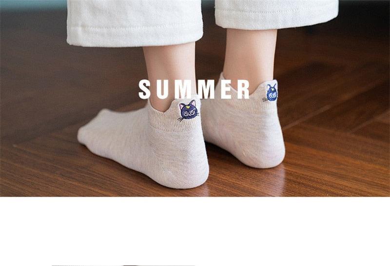 Cartoon Anime Embroidered Boat Socks Ins Trend Moon Cute Sweet Cat Socks Slippers Happy Funny Cotton Girl Socks Cute Short Boat Socks For Men And Women Stevvex
