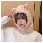 Cartoon Bear Ear Lamb Beanie Hat With Mask Warm Balaclava Winter Thickened Ear Protection Autumn Skellies Beanies Pompom Hat Knitted Ski Beanie Hat Double Pompom Beanie Cap for Girls Boys Kids Beanie Winter Hat Baby Kids Infant Toddler for Women Girl
