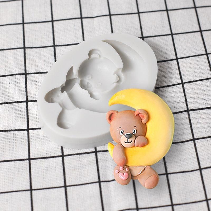 Cartoon Cute Moon 3D Bear Silicone Mold Baby Birthday Party Cupcake Decoration Tool Dessert Pastry Fudge Chocolate Candy Baking Silicone Fondant Molds For Teddy Bear Stevvex