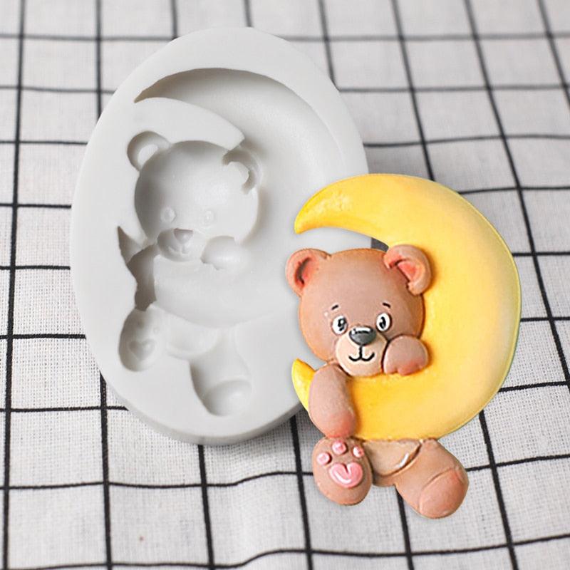 Cartoon Cute Moon 3D Bear Silicone Mold Baby Birthday Party Cupcake Decoration Tool Dessert Pastry Fudge Chocolate Candy Baking Silicone Fondant Molds For Teddy Bear Stevvex