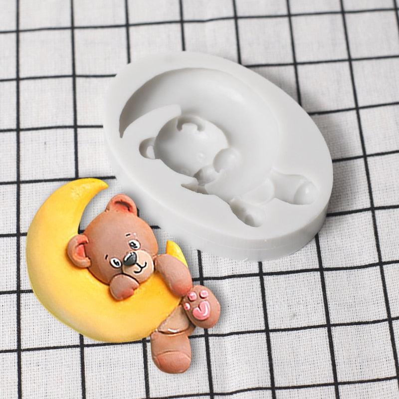 Cartoon Cute Moon 3D Bear Silicone Mold Baby Birthday Party Cupcake Decoration Tool Dessert Pastry Fudge Chocolate Candy Baking Silicone Fondant Molds For Teddy Bear Stevvex