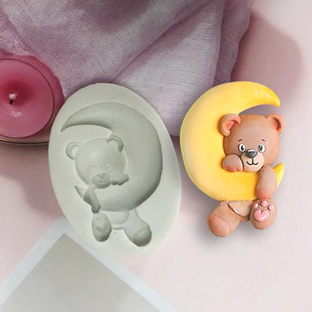 Cartoon Cute Moon 3D Bear Silicone Mold Baby Birthday Party Cupcake Decoration Tool Dessert Pastry Fudge Chocolate Candy Baking Silicone Fondant Molds For Teddy Bear Stevvex