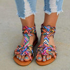 Casual Sandals Shoes Women Colorful Summer Flat Ankle Strap Sandals Shoes Flats Sandals For Women Dressy Strappy Flat Open Toe Sandals Wide Comfortable Leather Sandals