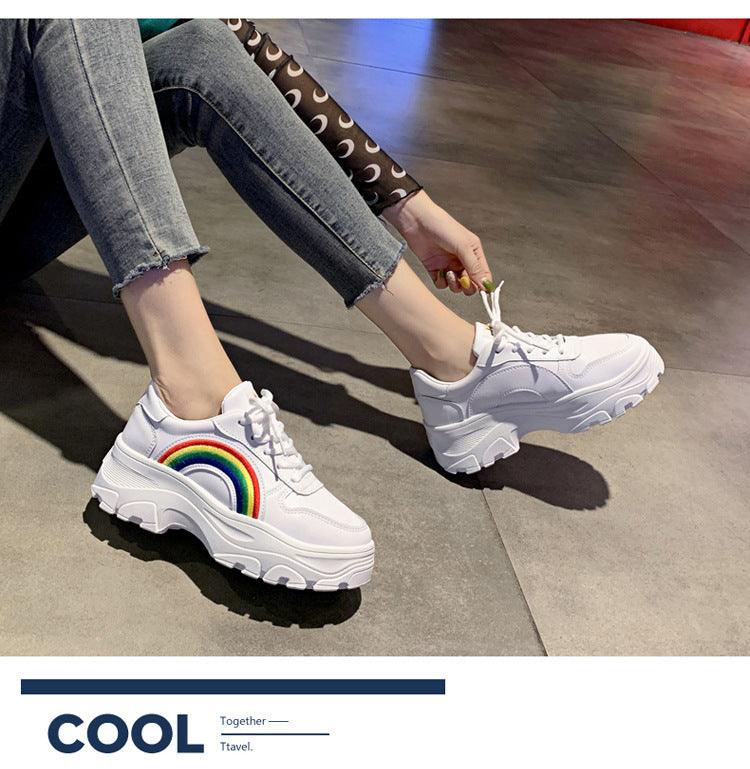 Casual Winter Women Thick Sneakers White Shoes Autumn Winter Fashion Platform Shoes Female Lace Up Rainbow Vulcanized Shoes Comfy Fashion Sneakers Breathable Athletic Casual Shoes Stevvex