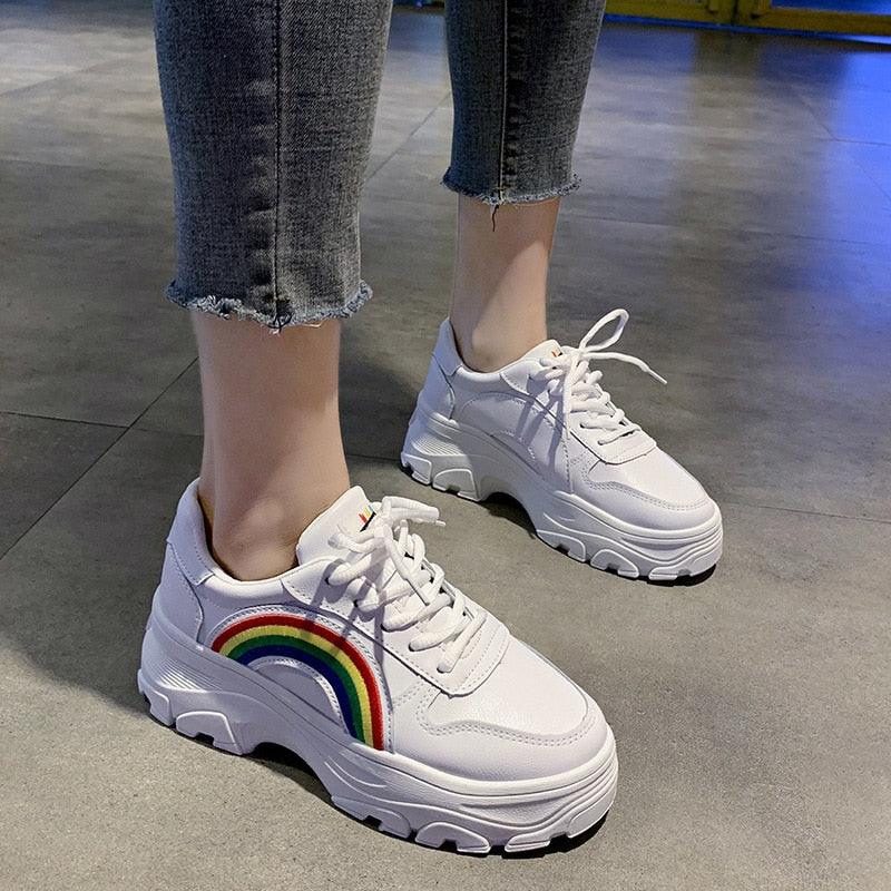 Casual Winter Women Thick Sneakers White Shoes Autumn Winter Fashion Platform Shoes Female Lace Up Rainbow Vulcanized Shoes Comfy Fashion Sneakers Breathable Athletic Casual Shoes Stevvex