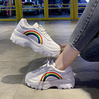 Casual Winter Women Thick Sneakers White Shoes Autumn Winter Fashion Platform Shoes Female Lace Up Rainbow Vulcanized Shoes Comfy Fashion Sneakers Breathable Athletic Casual Shoes Stevvex