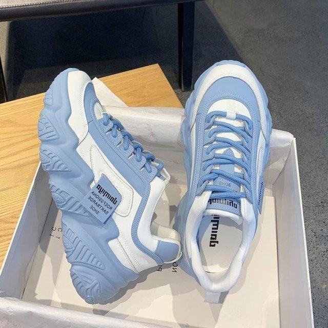 Casual Womens Blue Sneakers High Heels Platform Sports Shoes Autumn Thick Bottom Walking Breathable Vulcanized Shoes Luxury Tennis Sneakers Trainers Lace Up Fashion Design Stevvex