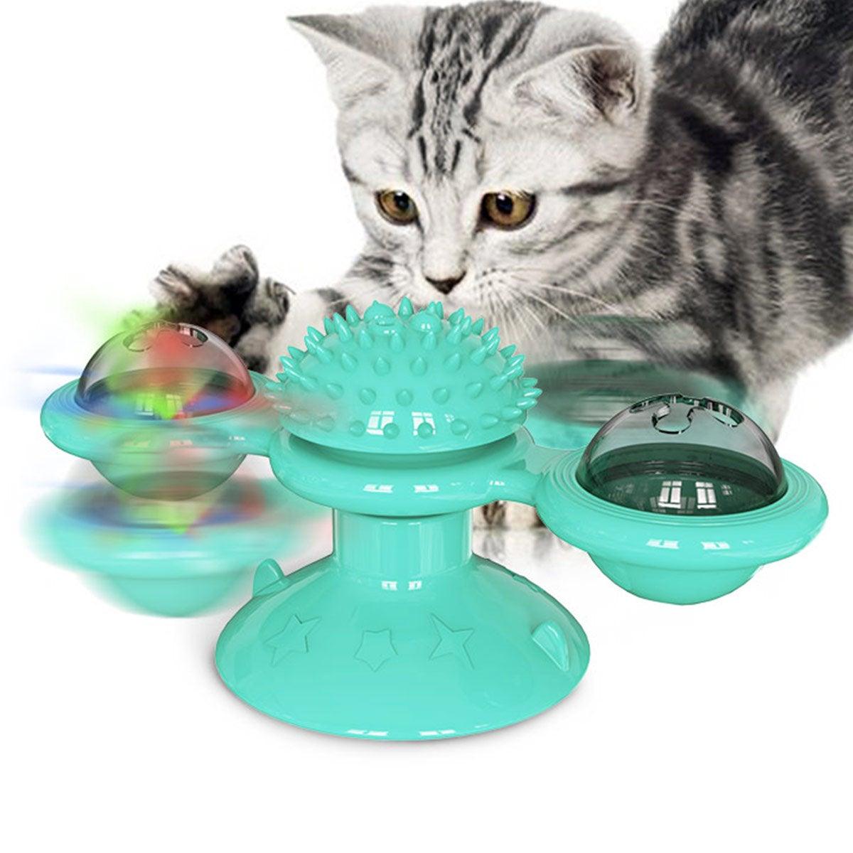 Cat Windmill Toy Funny Massage Rotatable Cat Toys With Catnip LED Ball Teeth Cleaning Pet Newest Windmill Cat Toy with LED and Catnip Ball Cat Turntable Teasing Interactive Toy with a Suction Cup Base Can be Cleaned Rotary Massage Tickle Anti-bite Toy Stevvex