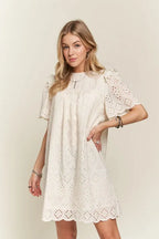 Ruffled Eyelet Round Neck Summer Dress For Women – Elegant Feminine Eyelet Dress with Ruffled Details for Garden Parties & Special Occasions Stevvex