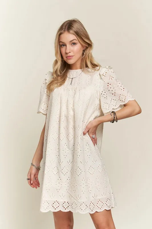 Ruffled Eyelet Round Neck Summer Dress For Women – Elegant Feminine Eyelet Dress with Ruffled Details for Garden Parties & Special Occasions Stevvex