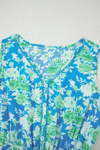 Green Floral Print Trimmed V Neck Sleeveless Vacation Dress