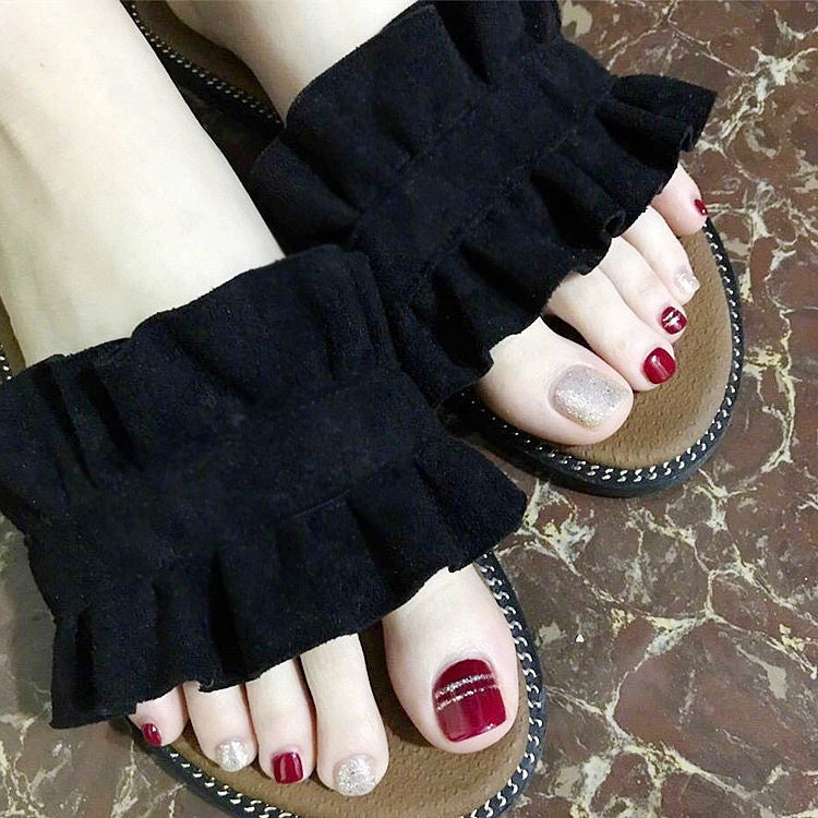 Burgundy Silver Wire Foot Nails Burgundy Silver Glitter Nail Art Piece False Nail Piece Foot Patch Pi-Mart